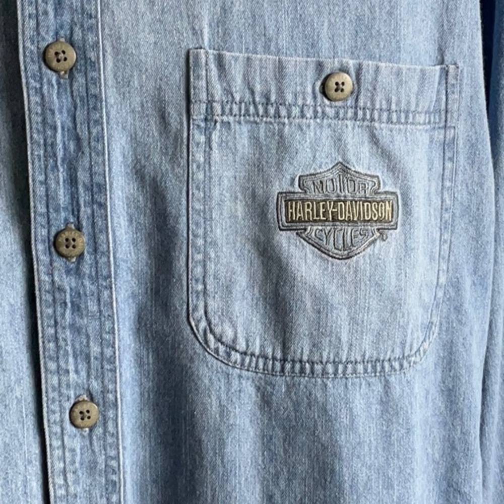 Vintage Harley Davidson Men’s Mandarin Collar Long Sleeve Shirt in Denim Blue - Picture 9 of 12